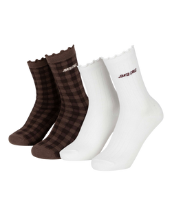 The Santa Cruz Womens Strip Frill Socks (2 Packs) in Off White & Brown Gingham
