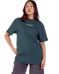The Santa Cruz Womens Strip Embroidered T-Shirt in Deep Sea & Black Wash Stripe