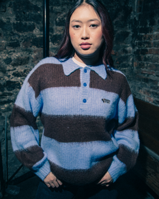 Groovy Stack Knit Polo Jumper in Blue & Brown Stripe