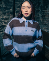 Groovy Stack Knit Polo Jumper in Blue & Brown Stripe
