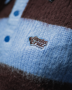 Groovy Stack Knit Polo Jumper in Blue & Brown Stripe