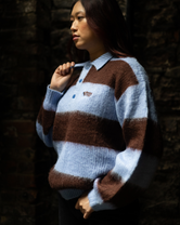 Groovy Stack Knit Polo Jumper in Blue & Brown Stripe