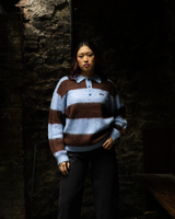 Groovy Stack Knit Polo Jumper in Blue & Brown Stripe