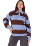 The Santa Cruz Womens Groovy Stack Knit Polo Jumper in Blue & Brown Stripe