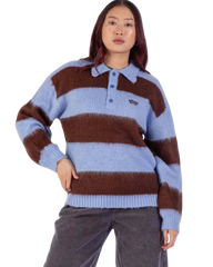 The Santa Cruz Womens Groovy Stack Knit Polo Jumper in Blue & Brown Stripe