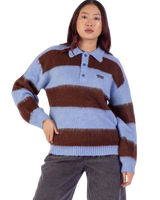 The Santa Cruz Womens Groovy Stack Knit Polo Jumper in Blue & Brown Stripe