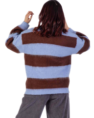 The Santa Cruz Womens Groovy Stack Knit Polo Jumper in Blue & Brown Stripe