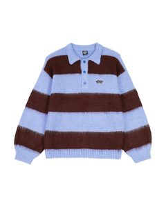 The Santa Cruz Womens Groovy Stack Knit Polo Jumper in Blue & Brown Stripe