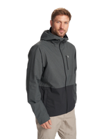 Man wearing a gray jacket with a hood on a white background