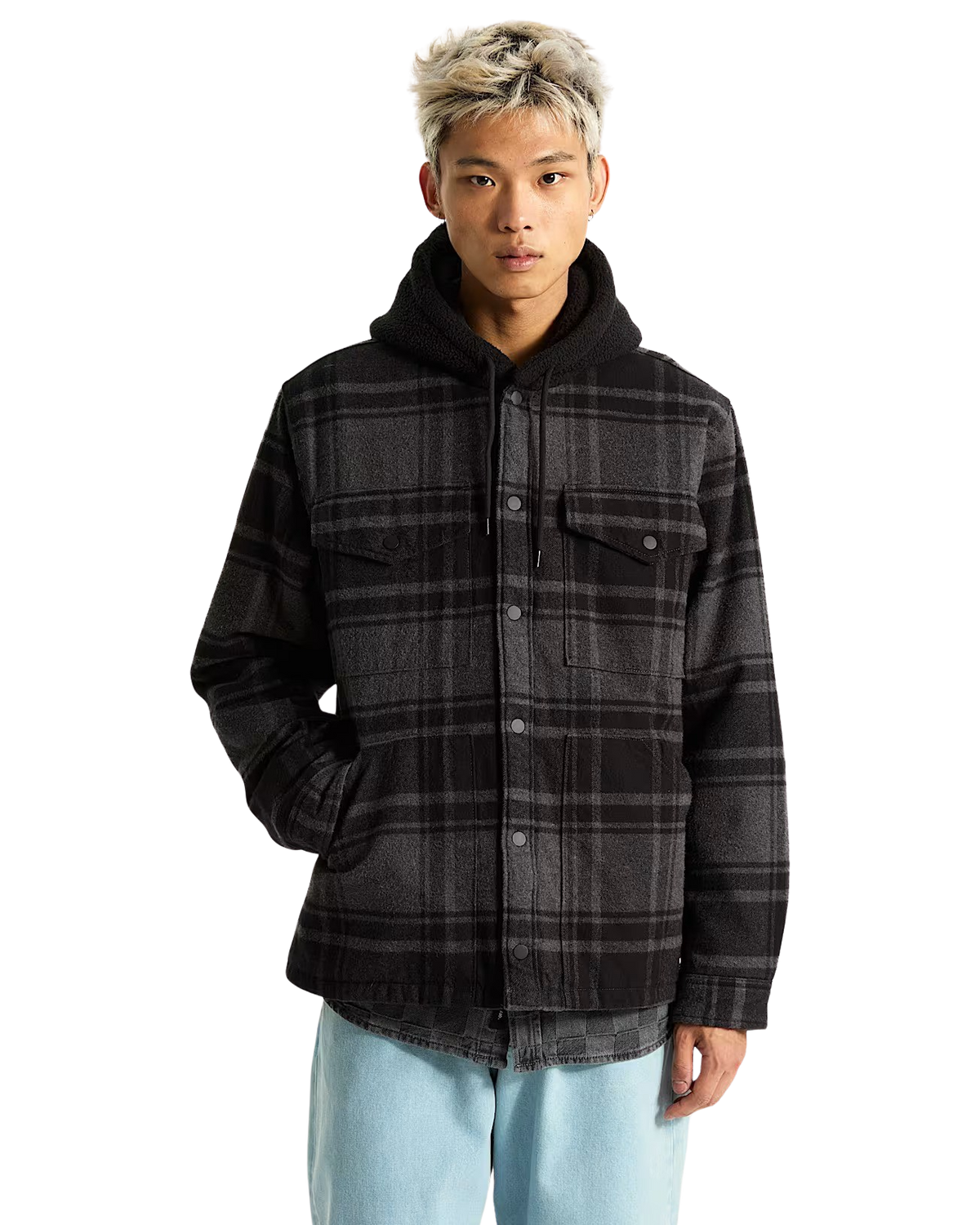 Piedmont Hooded Plaid Shacket in Black & Asphalt