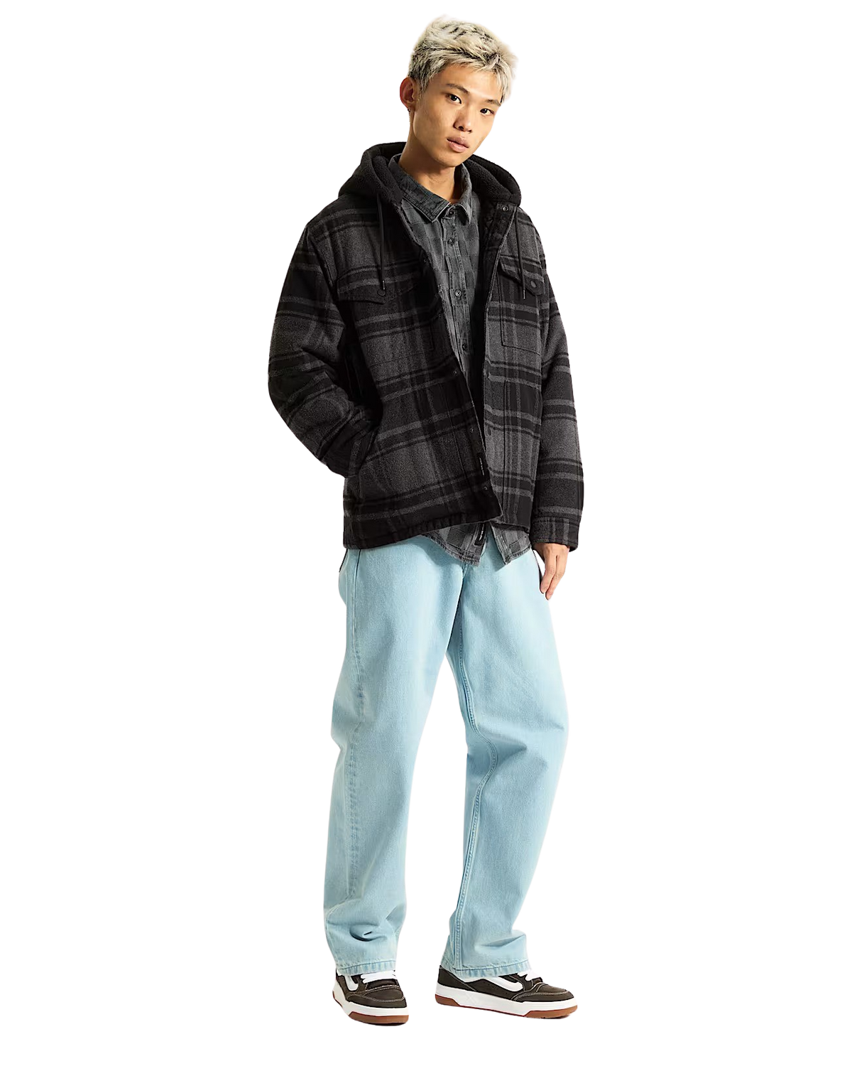 Piedmont Hooded Plaid Shacket in Black & Asphalt