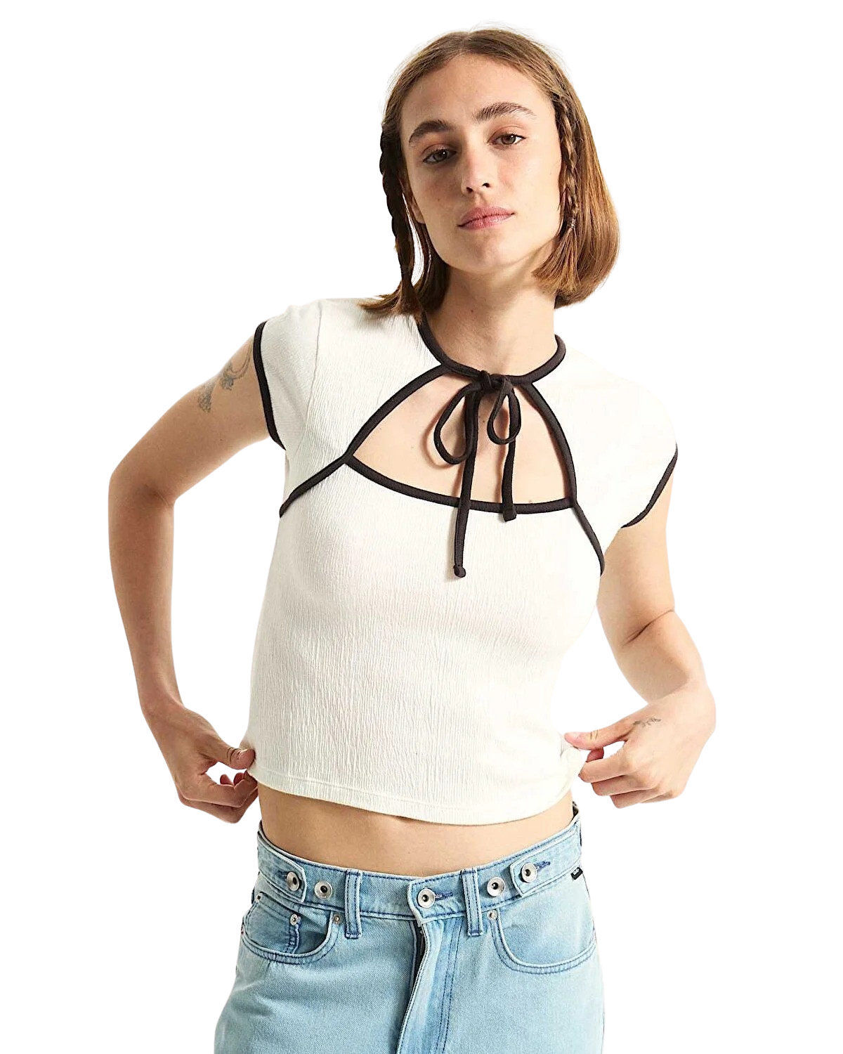 Kari Tie Neck Top in Classic White & Black