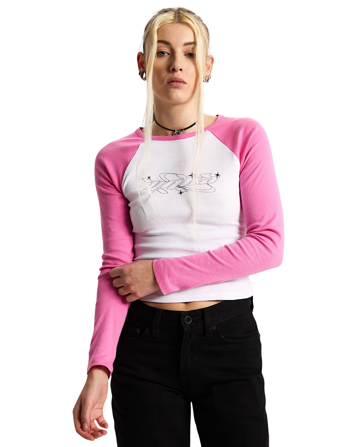 Y2K Star Raglan Long Sleeve T-Shirt in Pink Fizz