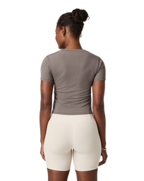 The Vuori Womens Pose Fitted T-Shirt in Smokey Taupe