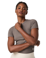 The Vuori Womens Pose Fitted T-Shirt in Smokey Taupe