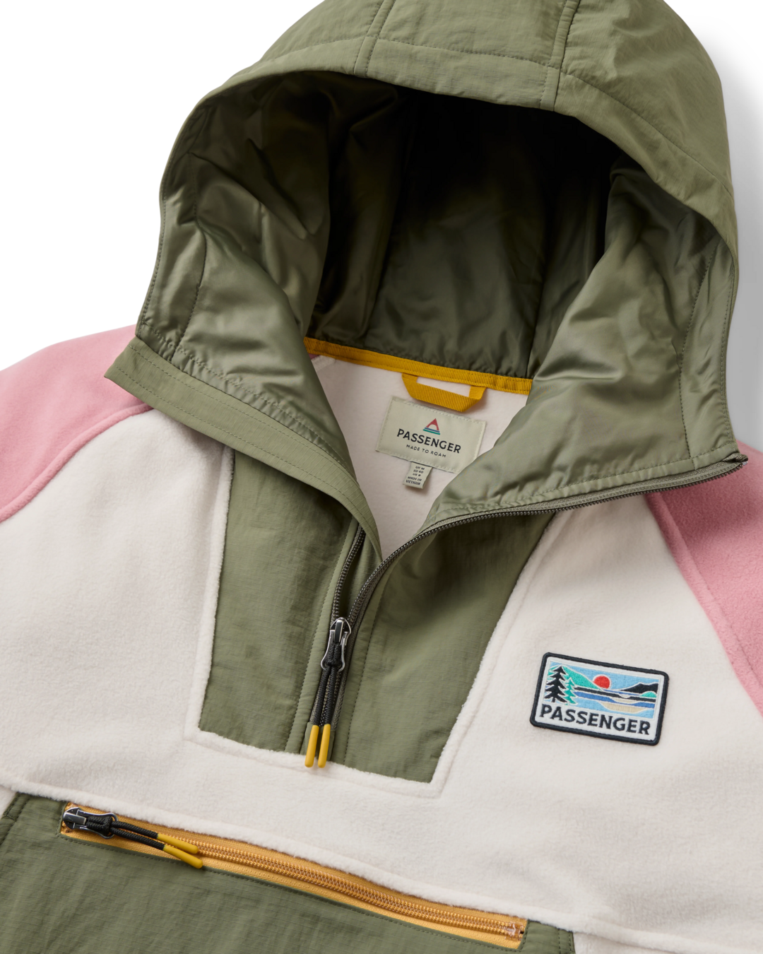 The Passenger Womens Alexander 3.0 Hooded Polartec Fleece Jacket in Dusty Olive & White Sand