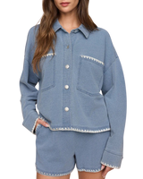 The Z Supply Womens All Day Knit Denim Crop Whipstitch Jacket in Santorini Indigo