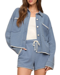 The Z Supply Womens All Day Knit Denim Crop Whipstitch Jacket in Santorini Indigo