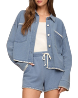 The Z Supply Womens All Day Knit Denim Crop Whipstitch Jacket in Santorini Indigo