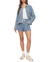 The Z Supply Womens All Day Knit Denim Crop Whipstitch Jacket in Santorini Indigo
