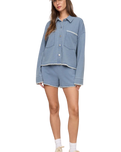 The Z Supply Womens All Day Knit Denim Crop Whipstitch Jacket in Santorini Indigo
