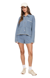 The Z Supply Womens All Day Knit Denim Crop Whipstitch Jacket in Santorini Indigo