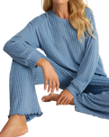 Dawn Smocked Silky Rib Trousers in Oceanic Blue