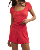 Dawn Smocked Silky Rib Shorts in Crimson Crush