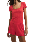 Dawn Smocked Silky Rib Shorts in Crimson Crush