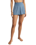 Dawn Smocked Silky Rib Shorts in Oceanic Blue