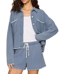 The Z Supply Womens Hunter Whipstitch Knit Denim Shorts in Santorini Indigo